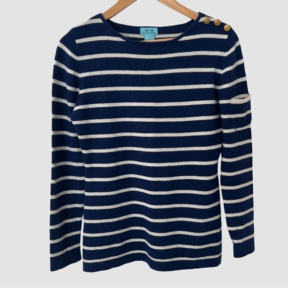 Two bees Cashmere Blue/White Boat Neck  Stripe Cashmere Sweater S - Picture 1 of 5